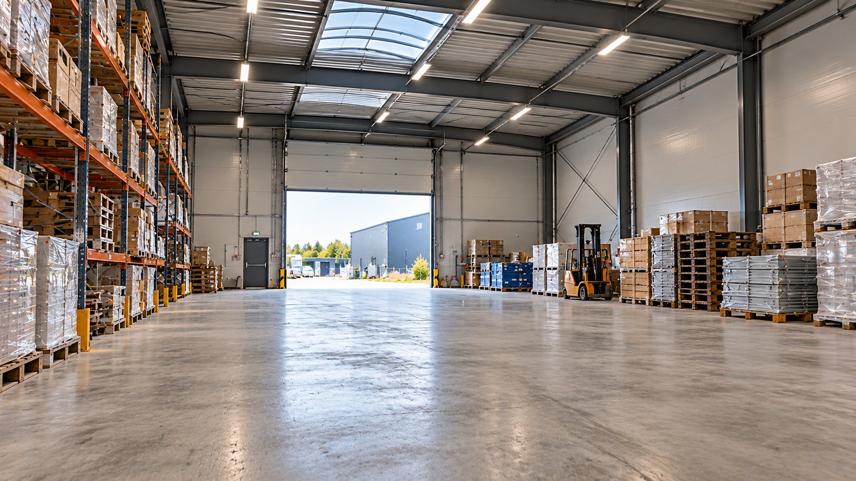 Halle mieten in Barth – Hallenfläche mit Rolltor und Betonboden